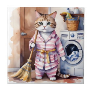 Bekvämt katt i Pajamas Doing Tvätt Funny Kakelplatta
