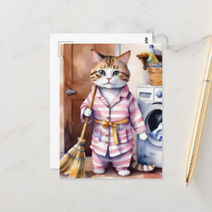 Bekvämt katt i Pajamas Doing Tvätt Funny Vykort