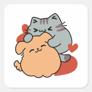 Bekvämt katt och Hund Hug - Meow & Woof Design Fyrkantigt Klistermärke