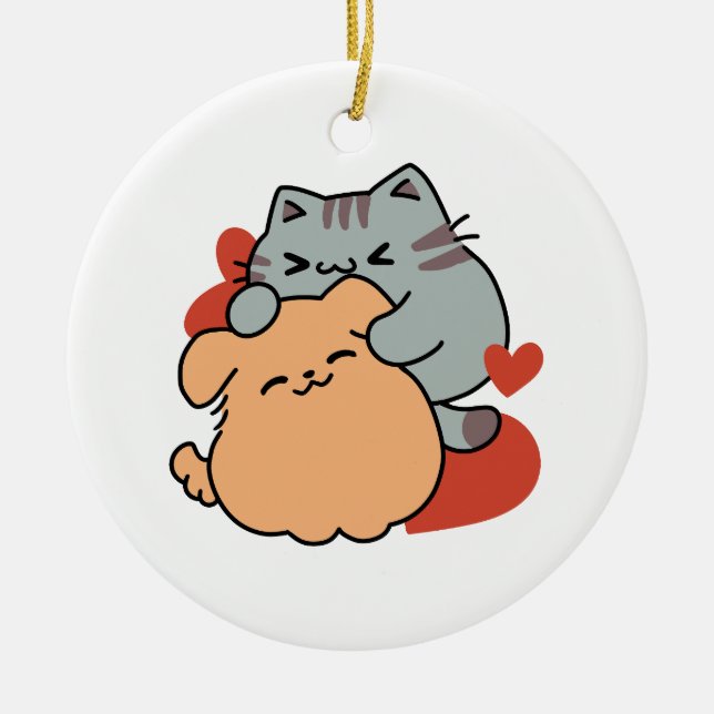 Bekvämt katt och Hund Hug - Meow & Woof Design Julgransprydnad Keramik (Framsidan)