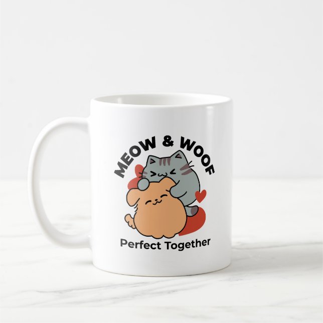 Bekvämt katt och Hund Hug - Meow & Woof Design Kaffemugg (Vänster)