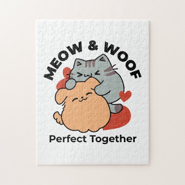 Bekvämt katt och Hund Hug - Meow & Woof Design Pussel (Vertikal)
