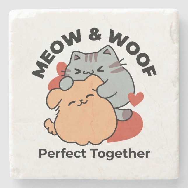 Bekvämt katt och Hund Hug - Meow & Woof Design Stenunderlägg (Framsidan)