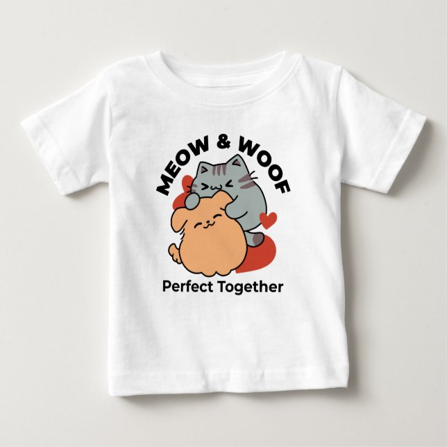 Bekvämt katt och Hund Hug - Meow & Woof Design T Shirt (Framsida)