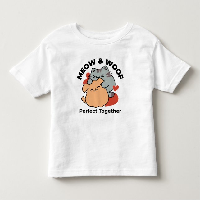 Bekvämt katt och Hund Hug - Meow & Woof Design T Shirt (Framsida)