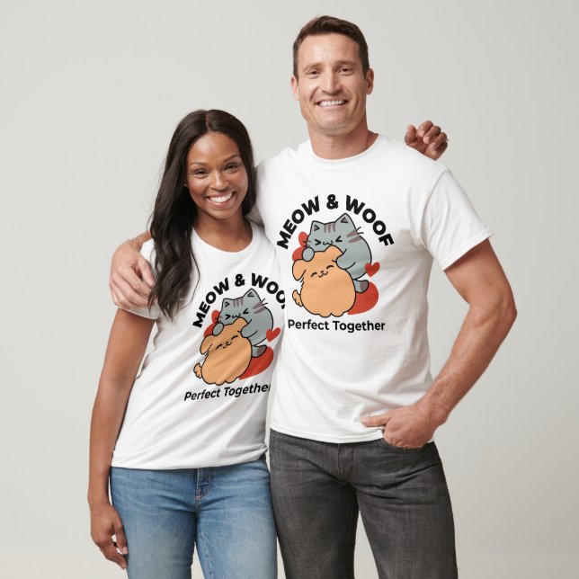 Bekvämt katt och Hund Hug - Meow & Woof Design T Shirt (Unisex)