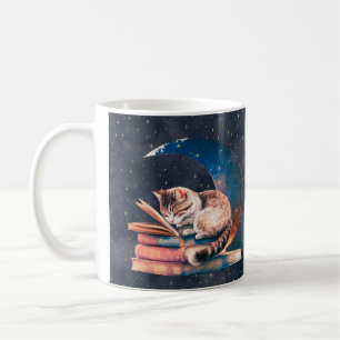 Bekvämt katt vid Måne som läser A Bok Kaffemugg