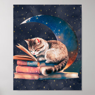Bekvämt katt vid Måne som läser A Bok Poster