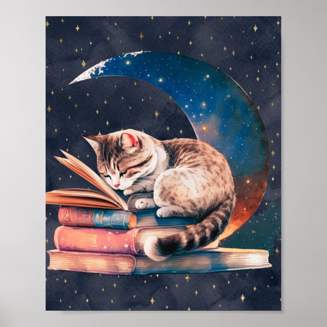 Bekvämt katt vid Måne som läser A Bok Poster (Framsidan)