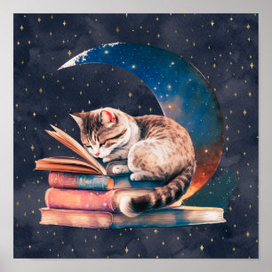 Bekvämt katt vid Måne som läser A Bok Poster