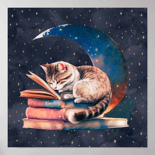 Bekvämt katt vid Måne som läser A Bok Poster (Framsidan)