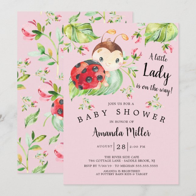 Bekvämt lilla Dam Ladybug Baby Shower Inbjudningar (Fram/baksida)