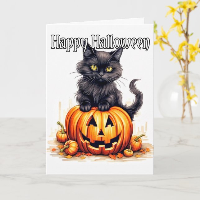 Bekvämt Little Kattunge Witch | HAPPY HALLOWEEN Kort (Gul blomma)