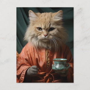 Bekvämt småkattunge med kaffe vykort