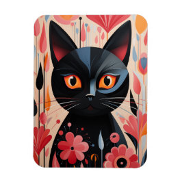 Bekvämt svart katt med Rosa Flowers Magnet