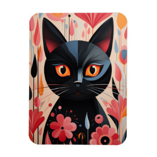 Bekvämt svart katt med Rosa Flowers Magnet