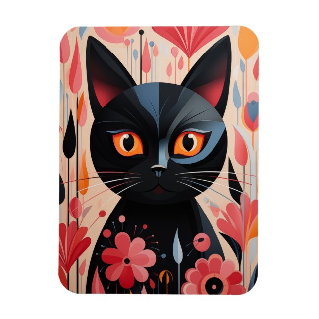 Bekvämt svart katt med Rosa Flowers Magnet (Vertikal)
