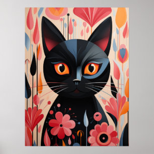 Bekvämt svart katt med Rosa Flowers Poster
