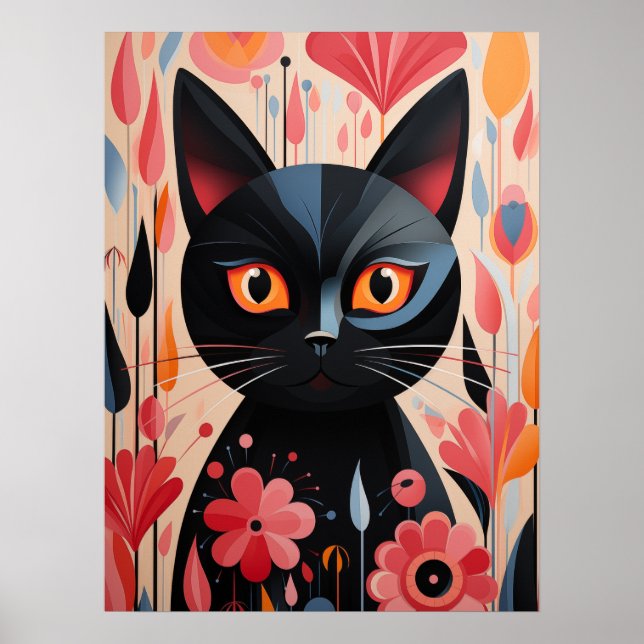 Bekvämt svart katt med Rosa Flowers Poster (Framsidan)