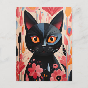 Bekvämt svart katt med Rosa Flowers Vykort