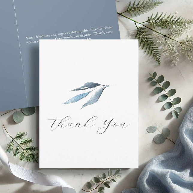 Bekvämt tack för att du tog emot botaniska vattenf (Funeral thank you cards feature watercolor botanicals in shades of dusty blue)