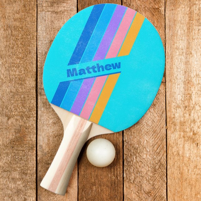 Bekymrad 80-tals Neon Hav Himmel Randig med Namn Pingisracket (Skapare uppladdad)
