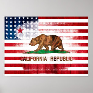 Bekymrad amerikanska flaggan & flagga av Californa Poster