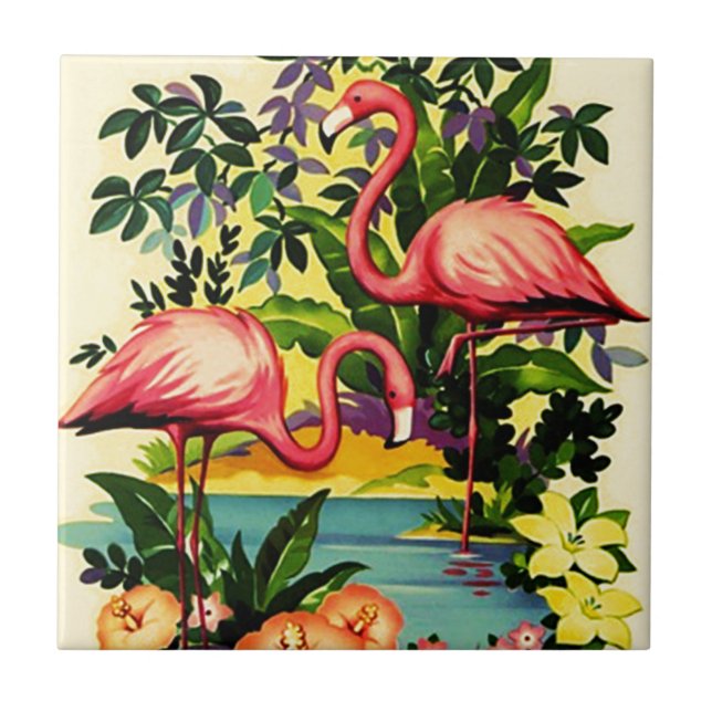 Belägger med tegel nätt rosa Flamingos för vintage Kakelplatta (Framsidan)