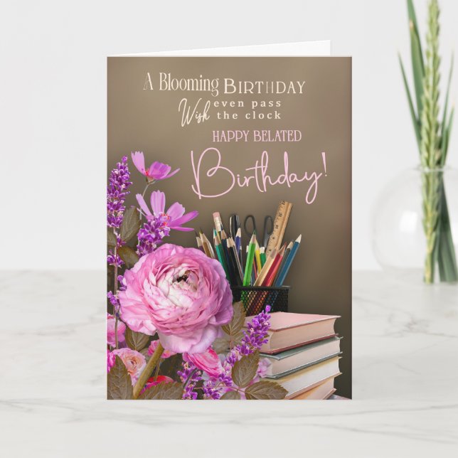 Belated Tutor Birthday – Pink Roses & Study Theme Kort (Framsida)
