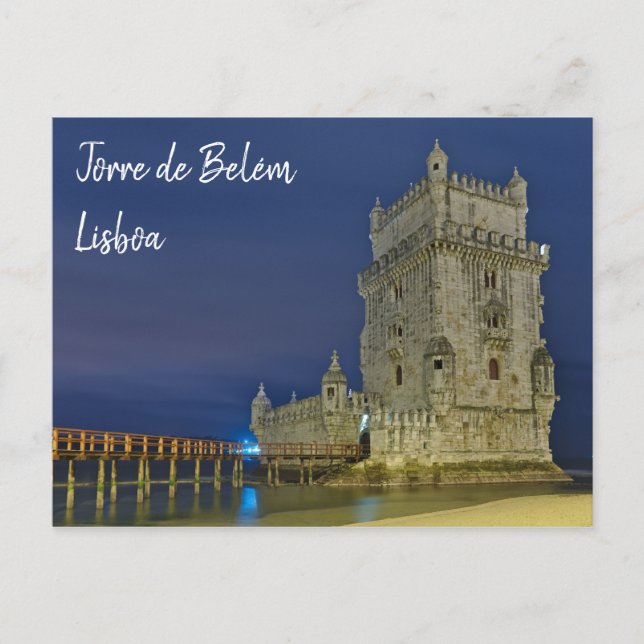 Belem Torn på natten i Lissabon. Portugal Vykort (Framsida)