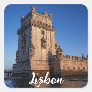Belem torn vid solnedgången i Lissabon, Portugal Fyrkantigt Klistermärke