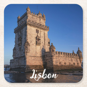 Belem torn vid solnedgången i Lissabon, Portugal Underlägg Papper Kvadrat