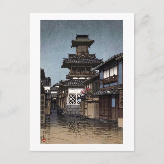 Belfry in Okayama, Hasui Kawase, Woodcut Vykort (Framsida)