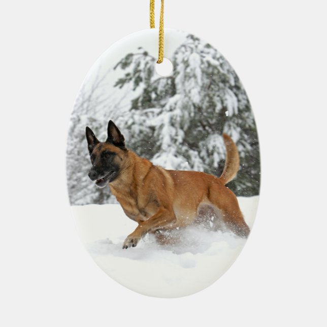 Belgare Malinois i snöprydnad 2 Julgransprydnad Keramik (Baksidan)