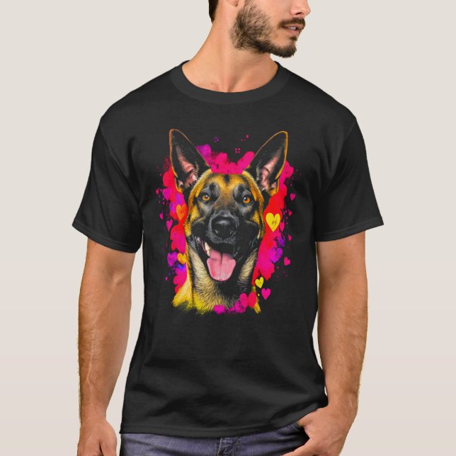 Belgian Malinois Dog Pink Red Heart T Shirt (Framsida)