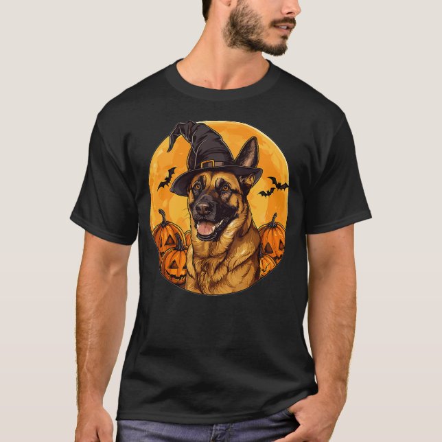 Belgian Malinois Dog Whitch Hat Halloween Pumpkin  T Shirt (Framsida)