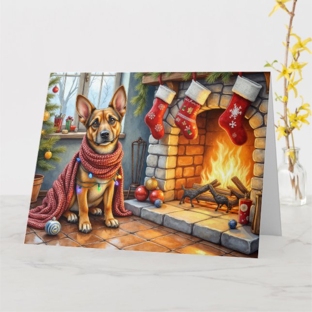Belgian Malinois Fireplace with Christmas Lights Kort (Gul blomma)