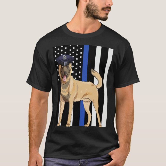 Belgian Malinois K9 Police Officer USA Flag T Shirt (Framsida)