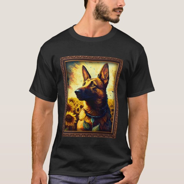 Belgian Malinois Shepherd Painting Sunflower Flowe T Shirt (Framsida)