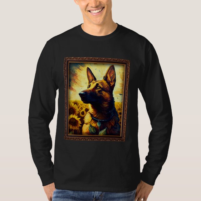 Belgian Malinois Shepherd Painting Sunflower Flowe T Shirt (Framsida)