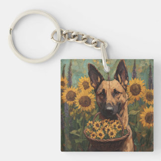 Belgian Malinois with a Basket of Sunflowers