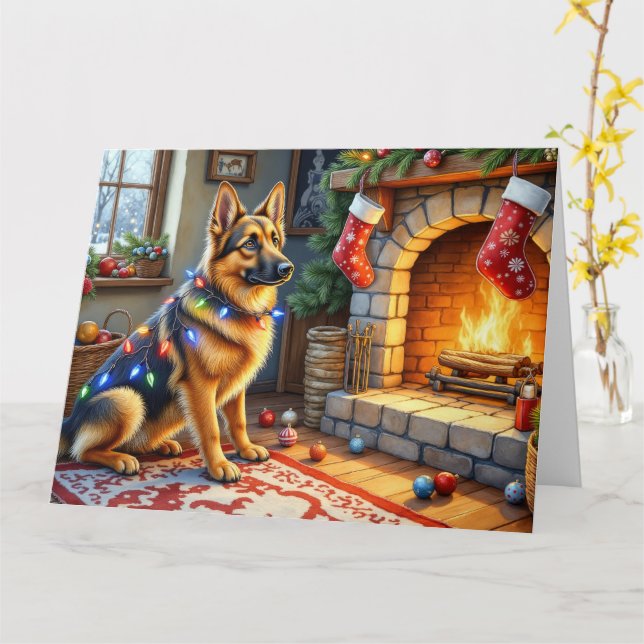 Belgian Shepherd Fireplace with Christmas Lights Kort (Gul blomma)