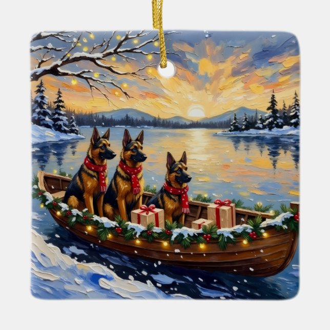 Belgian Shepherd Tervuren Christmas Boat Holiday Julgransprydnad Keramik (Framsida)