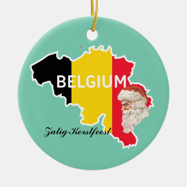 Belgien karta, flagga, Santa och Zalig Kerstfeest Julgransprydnad Keramik (Framsidan)