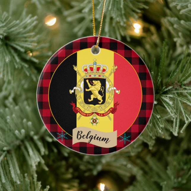 Belgien, Red buffalo plaid och belgiskt Flagga Julgransprydnad Keramik (Träd)