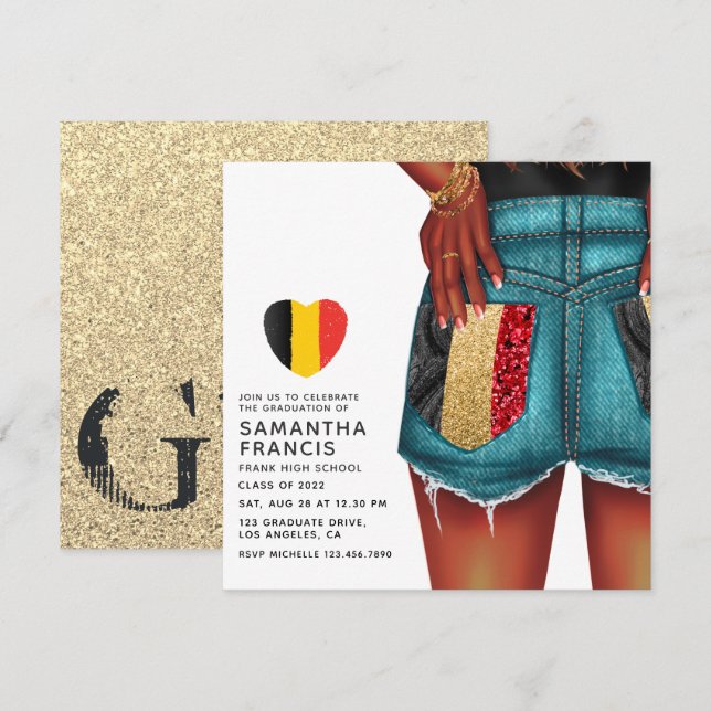 Belgisk Denim Flickas Examenfest Invitation Inbjudningar (Fram/baksida)