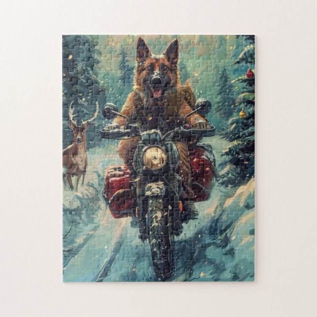 Belgisk herdehund som kör motorcykel jul pussel (Vertikal)