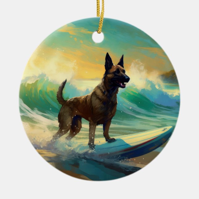 Belgisk malinoi Beach Surfing Painting Julgransprydnad Keramik (Framsidan)