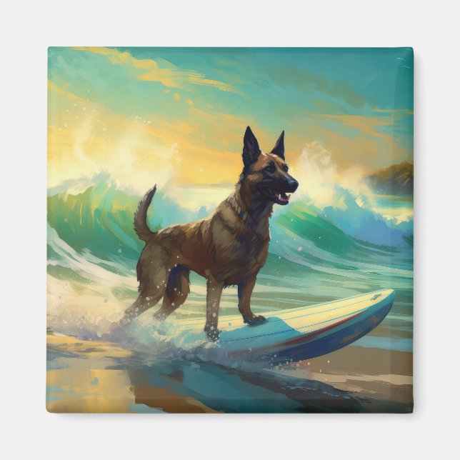 Belgisk malinoi Beach Surfing Painting Magnet (Framsidan)