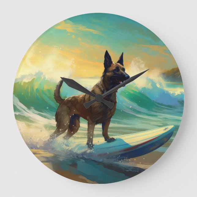Belgisk malinoi Beach Surfing Painting Stor Klocka (Framsida)